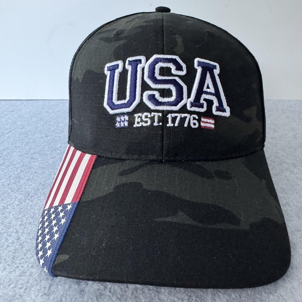 Outdoor Cap Hat Cap Strap Back Black Camo USA EST 1776 Flag One Size Mens
